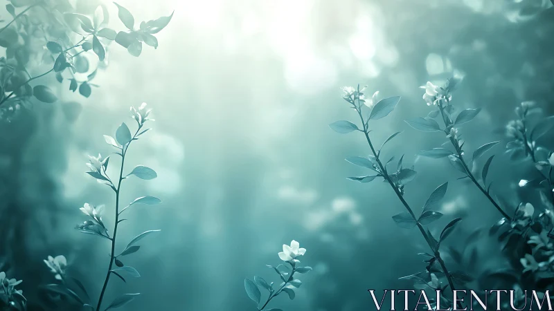 Ethereal backlit foliage in cool monochrome bokeh field.