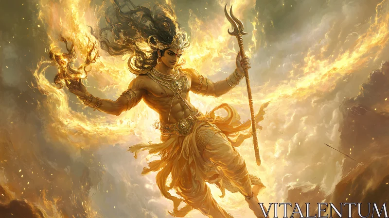 Radiant fire warrior strides through blazing golden sky