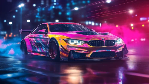 Neon night racer gliding through electric city streets.