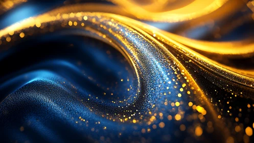 Liquid gold and cobalt waves shimmer with micro sparkle.