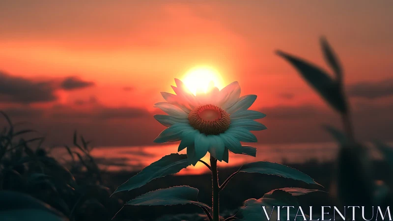 Backlit turquoise sunflower silhouette against coastal sunset
