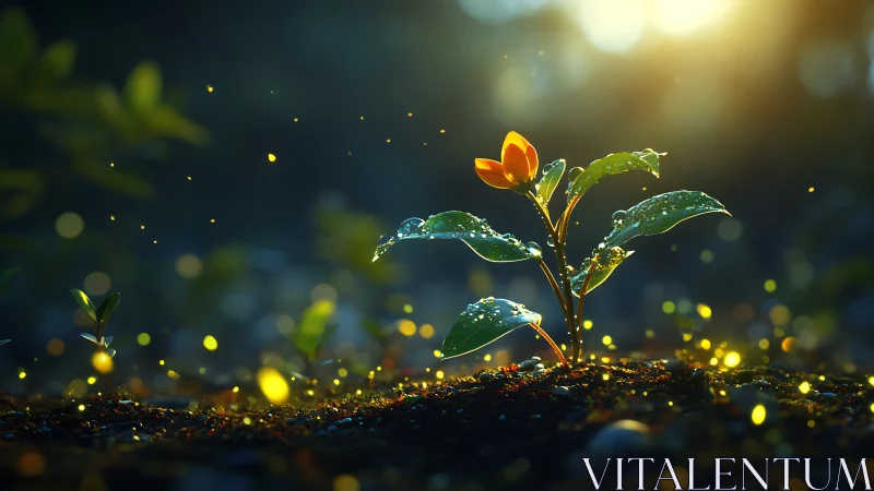 Macro-lit seedling with dewdrops under volumetric sunrise bokeh
