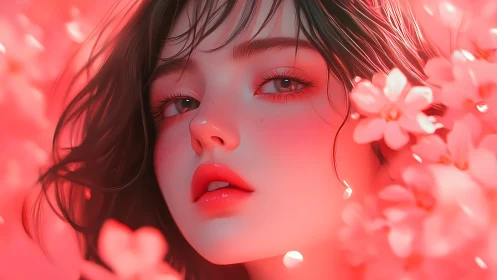 Soft-lit anime girl gazes through glowing coral blossoms