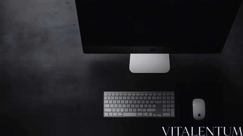 Overhead desktop workstation with Apple peripherals on black