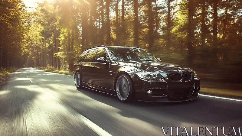 Black BMW touring car driving on a forest highway.