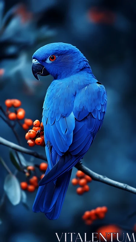 Vivid blue parrot perched among bright orange berries.