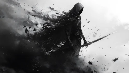 Digital painting of a shadowed warrior dissolving into smoke.