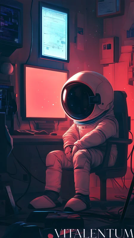 Solitary astronaut rests in neon-lit control room silence