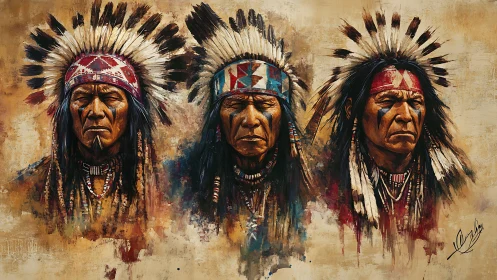 Painted elders in feathered crowns guard a quiet desert sky.