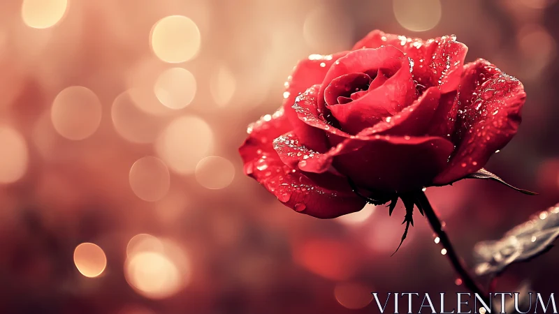 Crimson Rose in Dewdrops: Nature's Jeweled Romance.