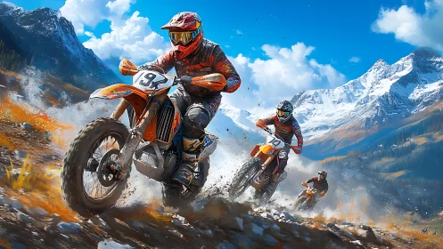 Motocross riders blast through rocky alpine trail at speed