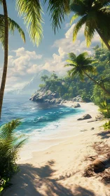 Tropical Beach Scene with Palm Trees and Coastal Mountain Formation