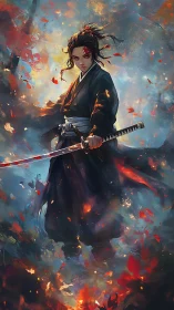 Ember-eyed samurai poised in a storm of painted fire.