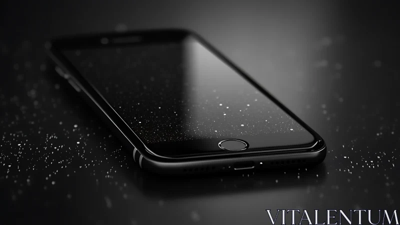 Black smartphone on reflective surface with dust speckles.