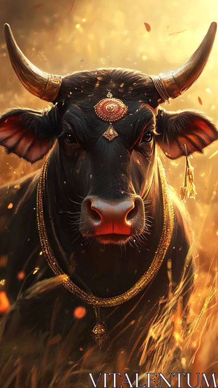 Regal decorated black cow in warm golden light field.