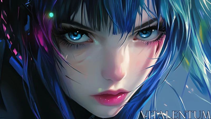 Cyberpunk girl stares forward with luminous blue eyes