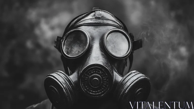 Silent guardian in a gas mask, watching the smoky hush.