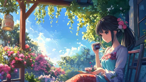 Girl enjoys tranquil tea under bright flowering veranda.
