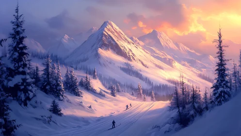 Sunlit skiers roaming violet-shadowed alpine dreamscape.