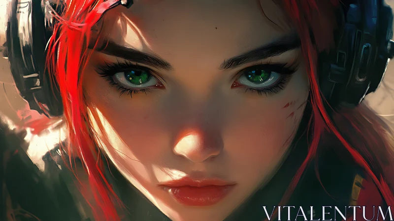 Red-haired gamer heroine with intense emerald gaze. Period.