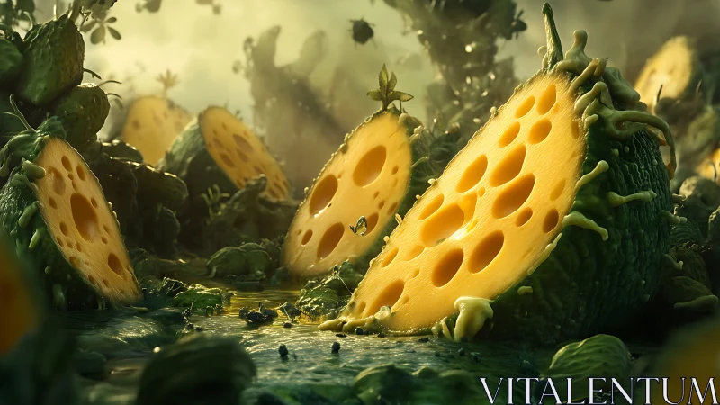 Surreal cheese-fruit landscape with sliced organic forms.