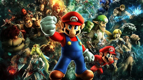 Mario stands in front of dynamic crossover battle scene