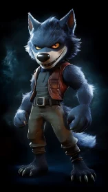 Anthropomorphic blue wolf warrior in cinematic 3D lighting.