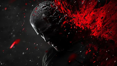 Silhouetted male profile dissolves into red abstract burst