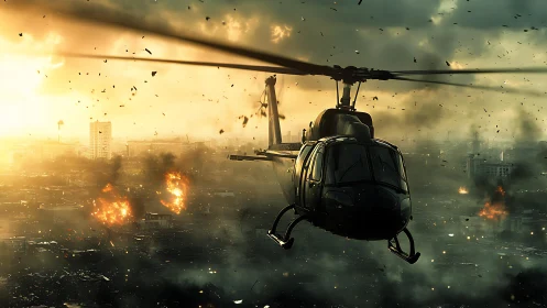 Rotor blades carve burning light through the ruined skyline