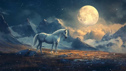 Moonlit stallion pauses where tundra dreams touch sky