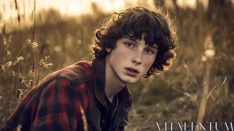 Sunlit daydreamer in flannel amid wild autumn grasses.