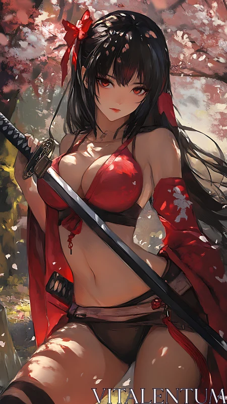 Scarlet blade maiden beneath drifting cherry blossoms.