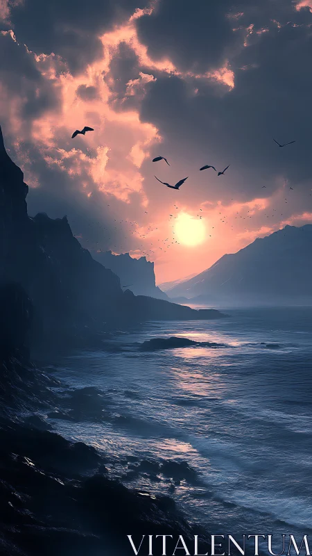 Dramatic coastal seascape at dusk with silhouetted sea cliffs