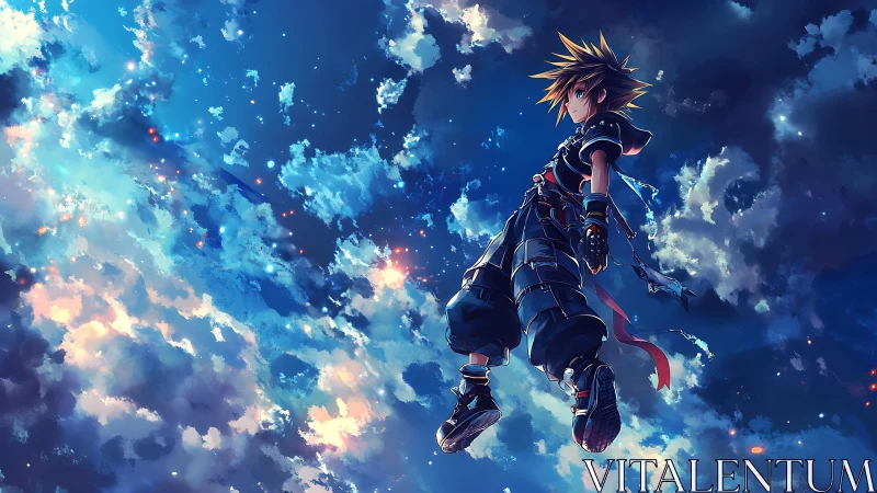 Anime hero drifts through luminous evening sky of clouds.
