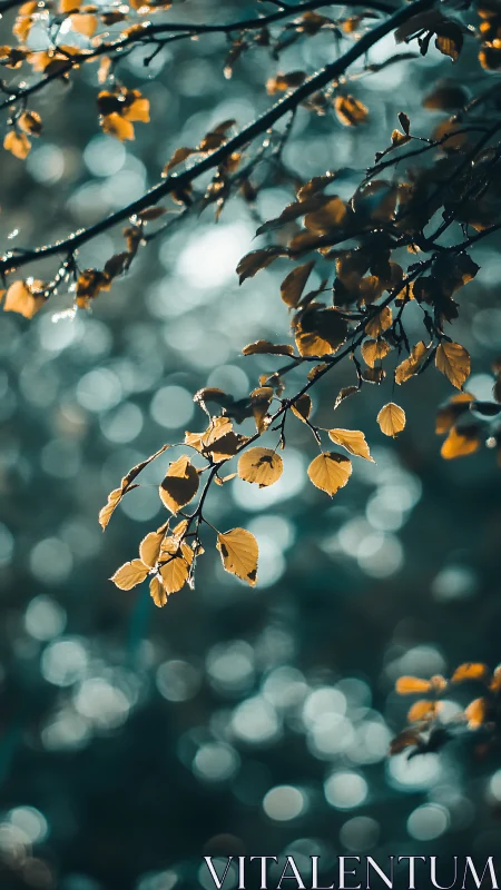 Amber leaves drift above teal forest bokeh dreamscape.