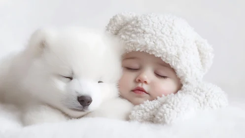 Sleeping baby and white puppy share soft winter cuddle.