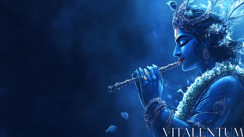 Moonlit blue flutist pours quiet music into the night