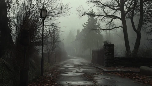 Foggy rainy street with distant house and bare trees.