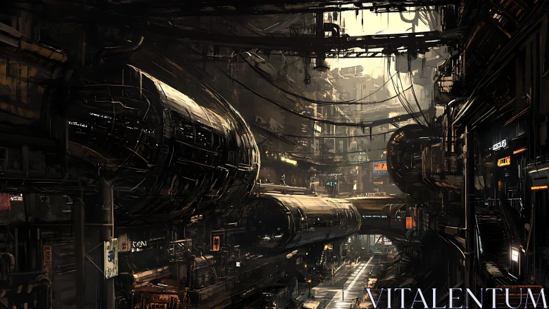 Sprawling cyberpunk transit tunnels in layered megacity dusk.