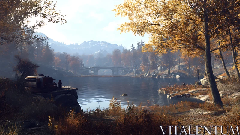 Autumn lake hush beneath distant bridge and silver peaks.