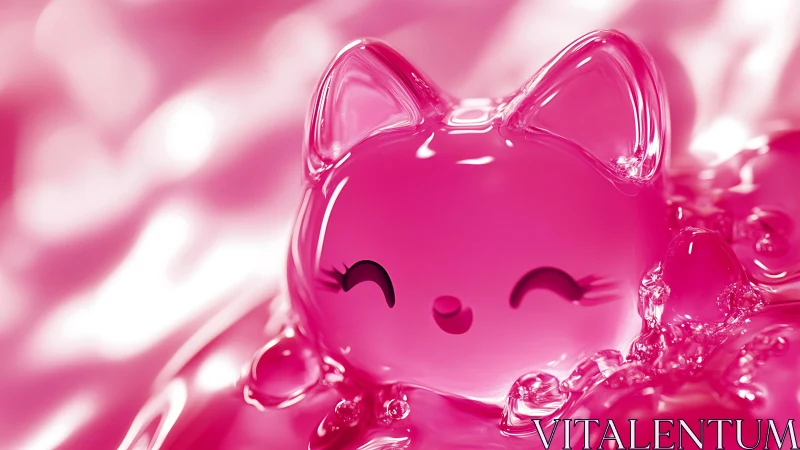 Luminous Pink Glass Cat with Bow and Closed Eyes.