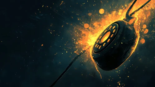 Glowing speaker driver with explosive fire particles against dark teal background