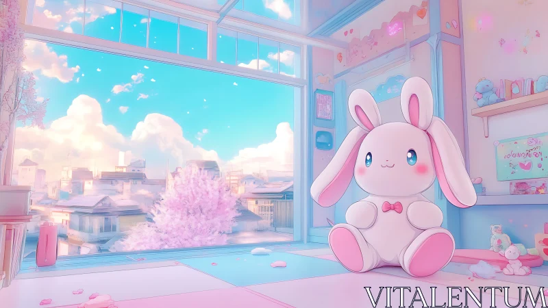 Pastel bunny plush in sunlit anime bedroom overlooking city