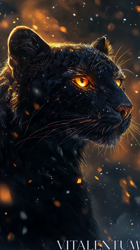 Black Panther Portrait with Luminous Golden Eyes and Particle Effects