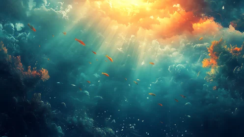 Volumetric sunbeams illuminating surreal aquatic cloudscape.