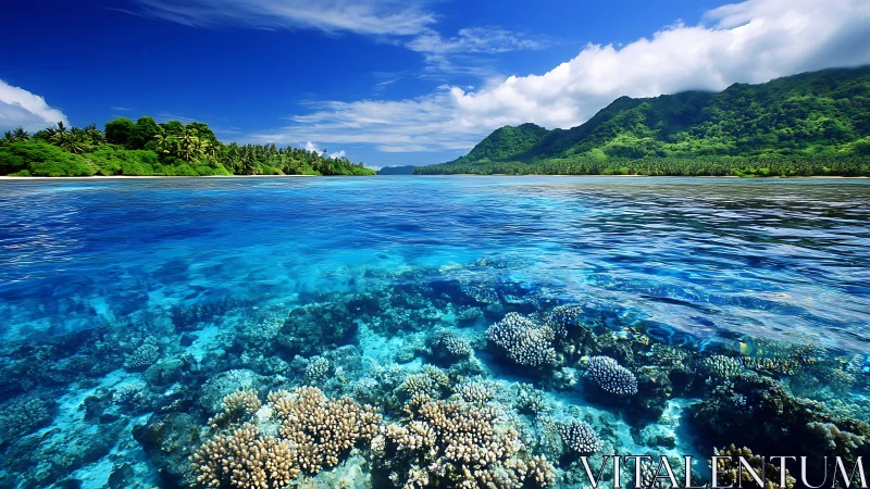 Tropical fringing reef in clear shallow lagoon with lush coastline