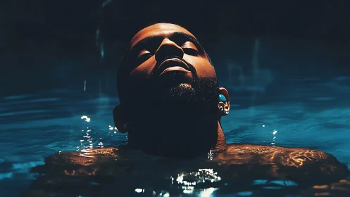 Man relaxed in glowing blue water under dramatic night light.