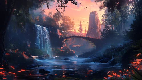 Sunset bridge over river with waterfall and forest glow.