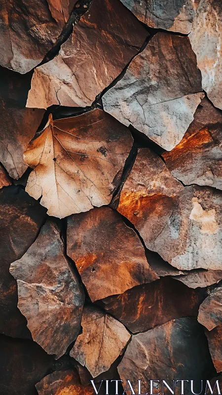 Dry leaf lies on stacked bark fragments under angled light