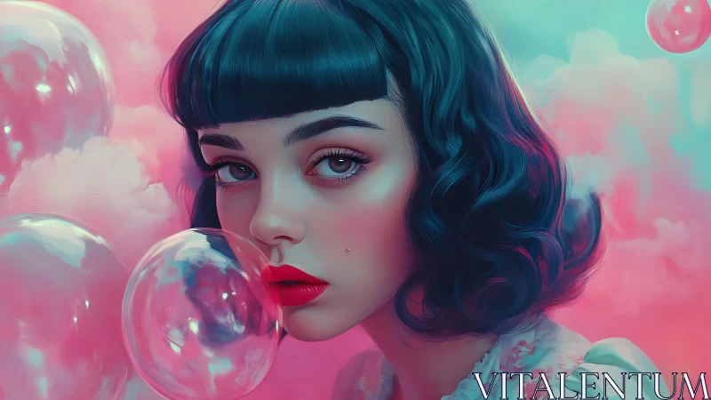 Digital portrait of woman amid pink bubbles and clouds.